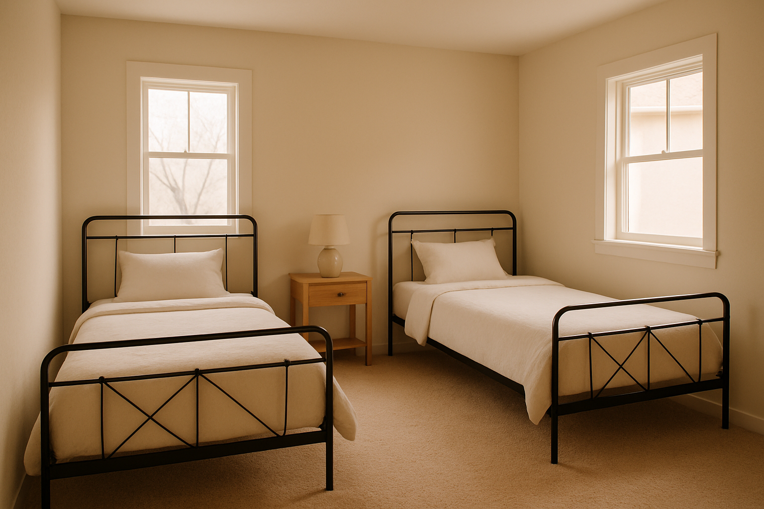 Can you show me a warm minimalist bedroom with carpet and two black metal beds slit apart from each other